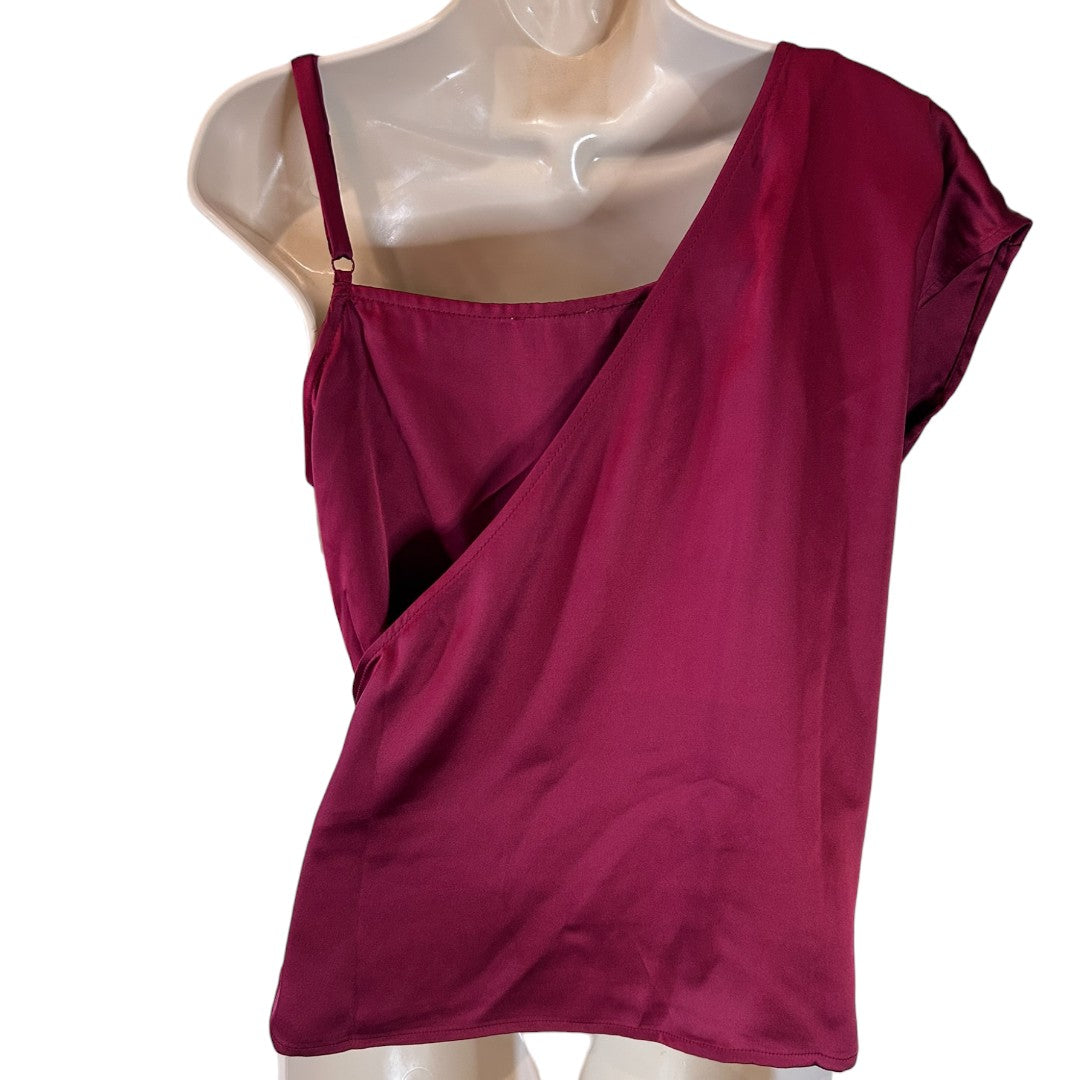 Making The Cut Burgundy Asymmetric Draped Satin Tank Top Evening Party Blouse