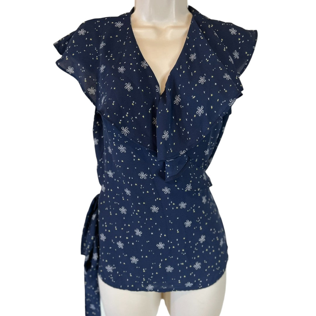 Chelsea Navy Star Print Wrap Top with Flutter Sleeves