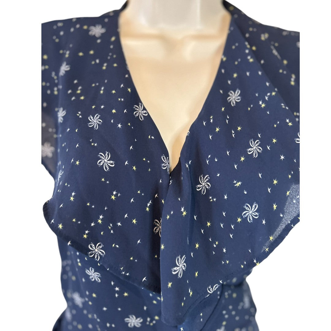 Chelsea Navy Star Print Wrap Top with Flutter Sleeves