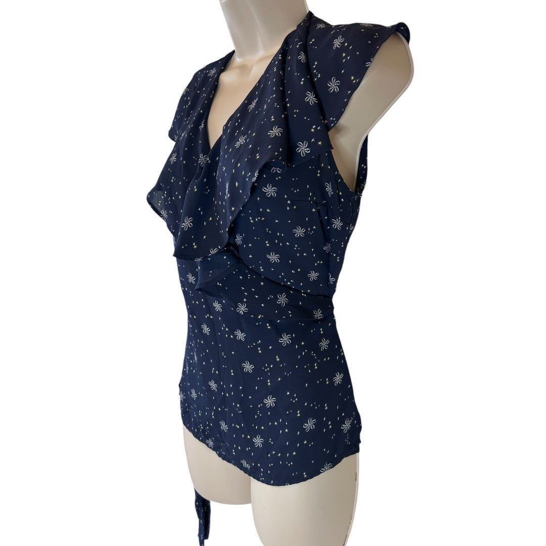 Chelsea Navy Star Print Wrap Top with Flutter Sleeves