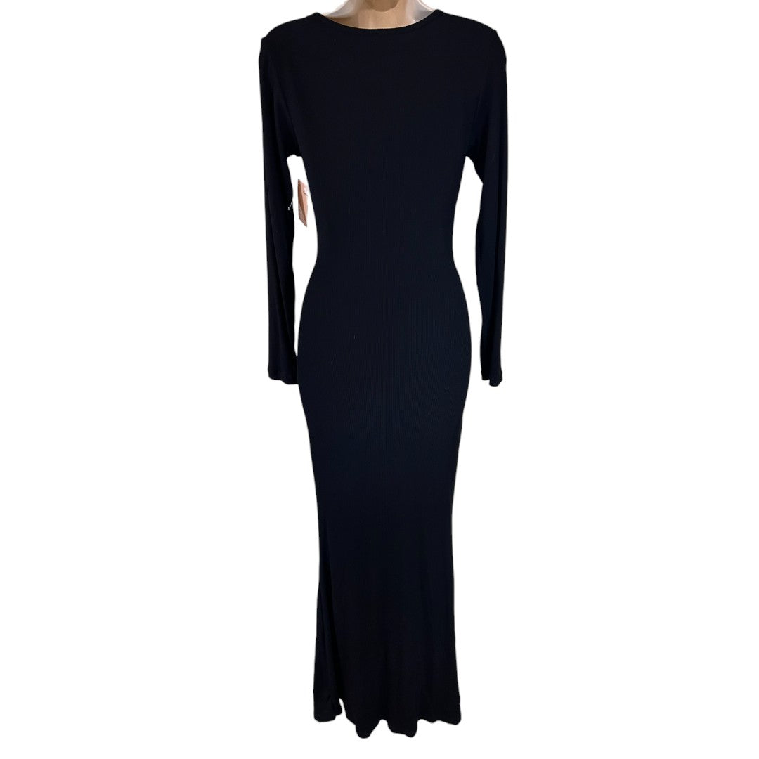 Popilush Shaper Black Ribbed Square Neck Long Sleeve Bodycon Maxi Dress