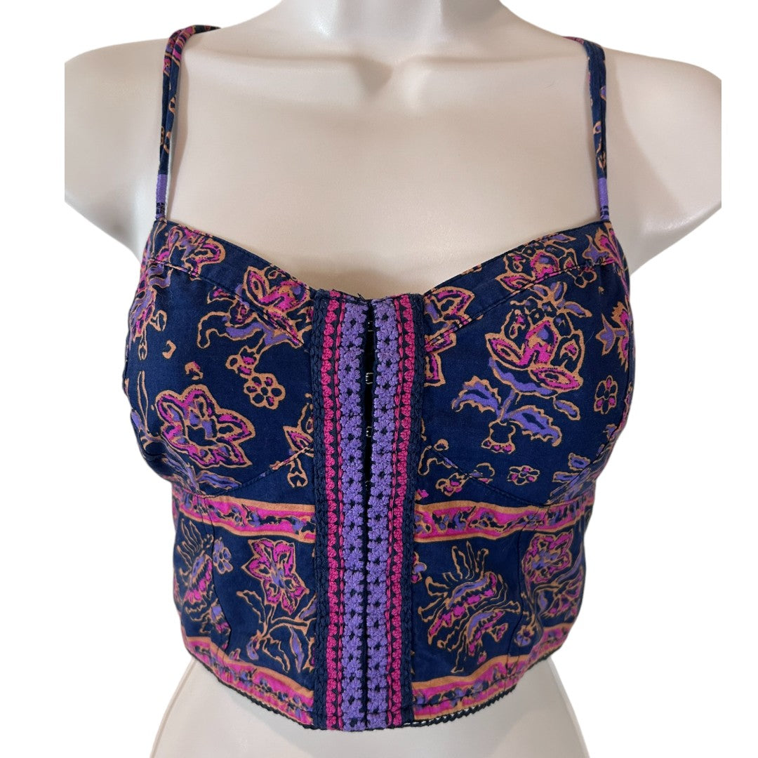 American Eagle Floral Boho Crop Top Bustier Navy Pink Purple Smocked Back