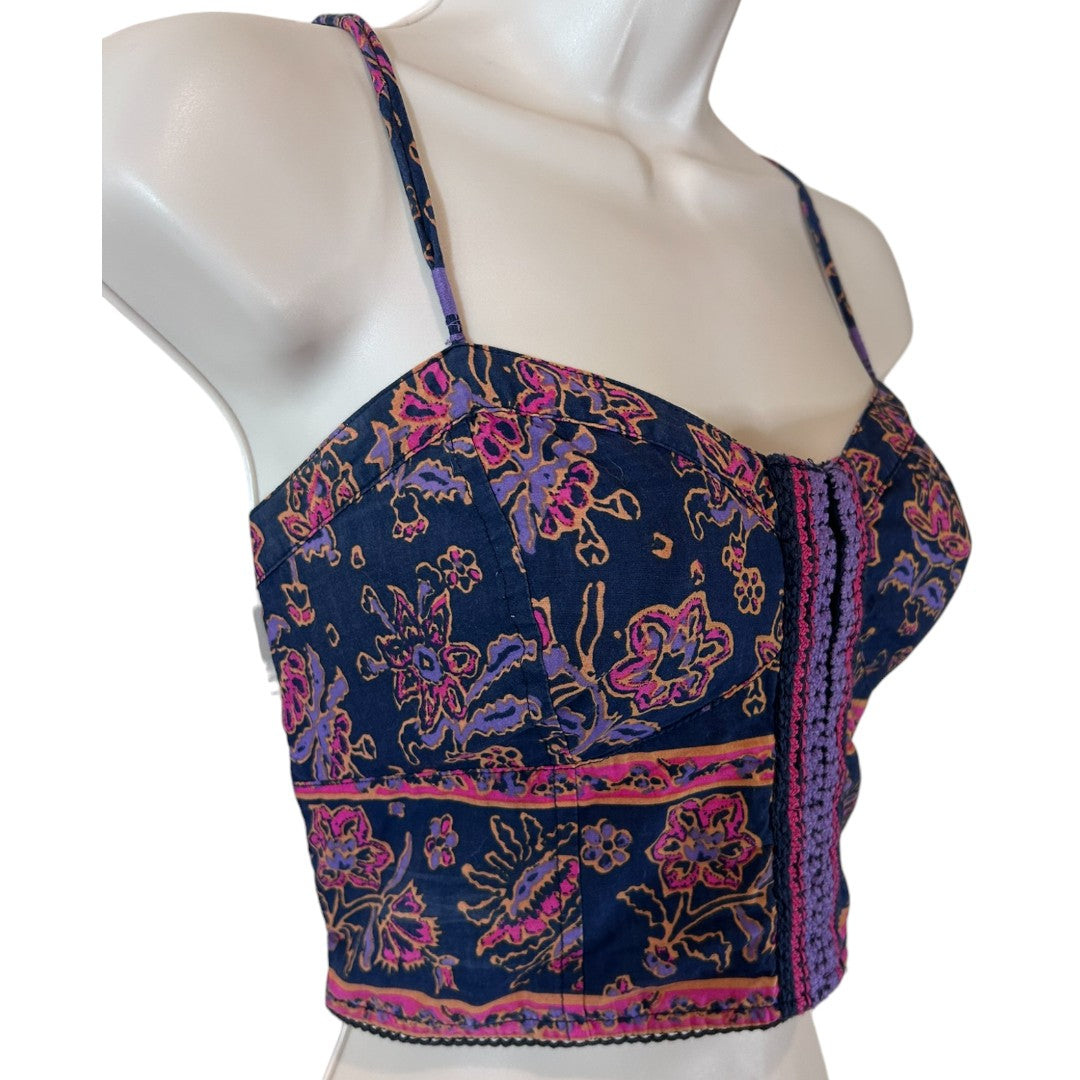 American Eagle Floral Boho Crop Top Bustier Navy Pink Purple Smocked Back