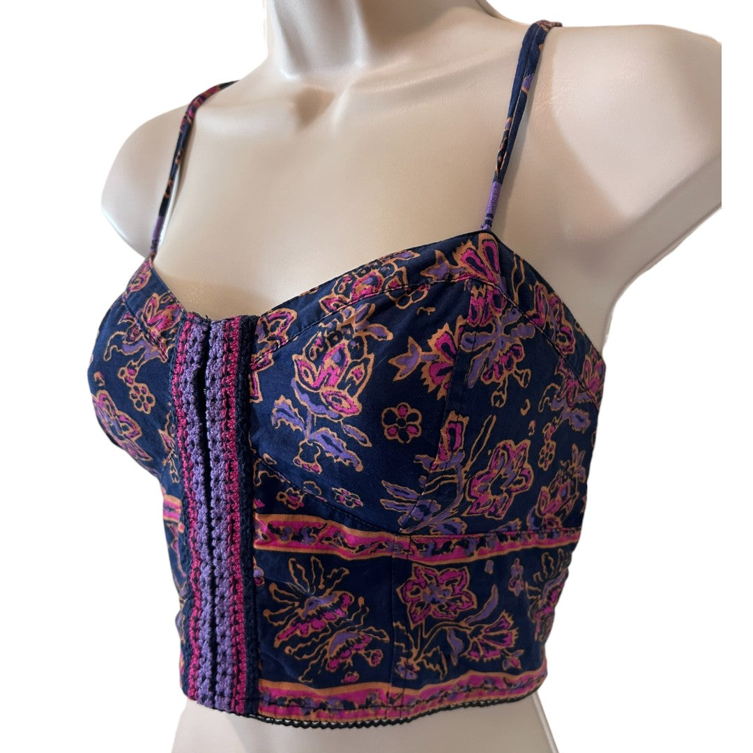 American Eagle Floral Boho Crop Top Bustier Navy Pink Purple Smocked Back