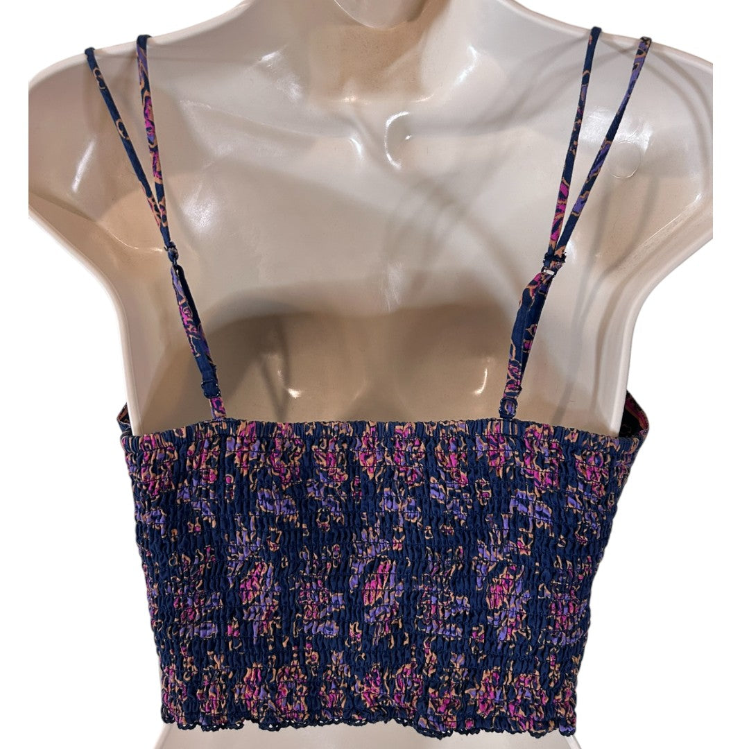 American Eagle Floral Boho Crop Top Bustier Navy Pink Purple Smocked Back