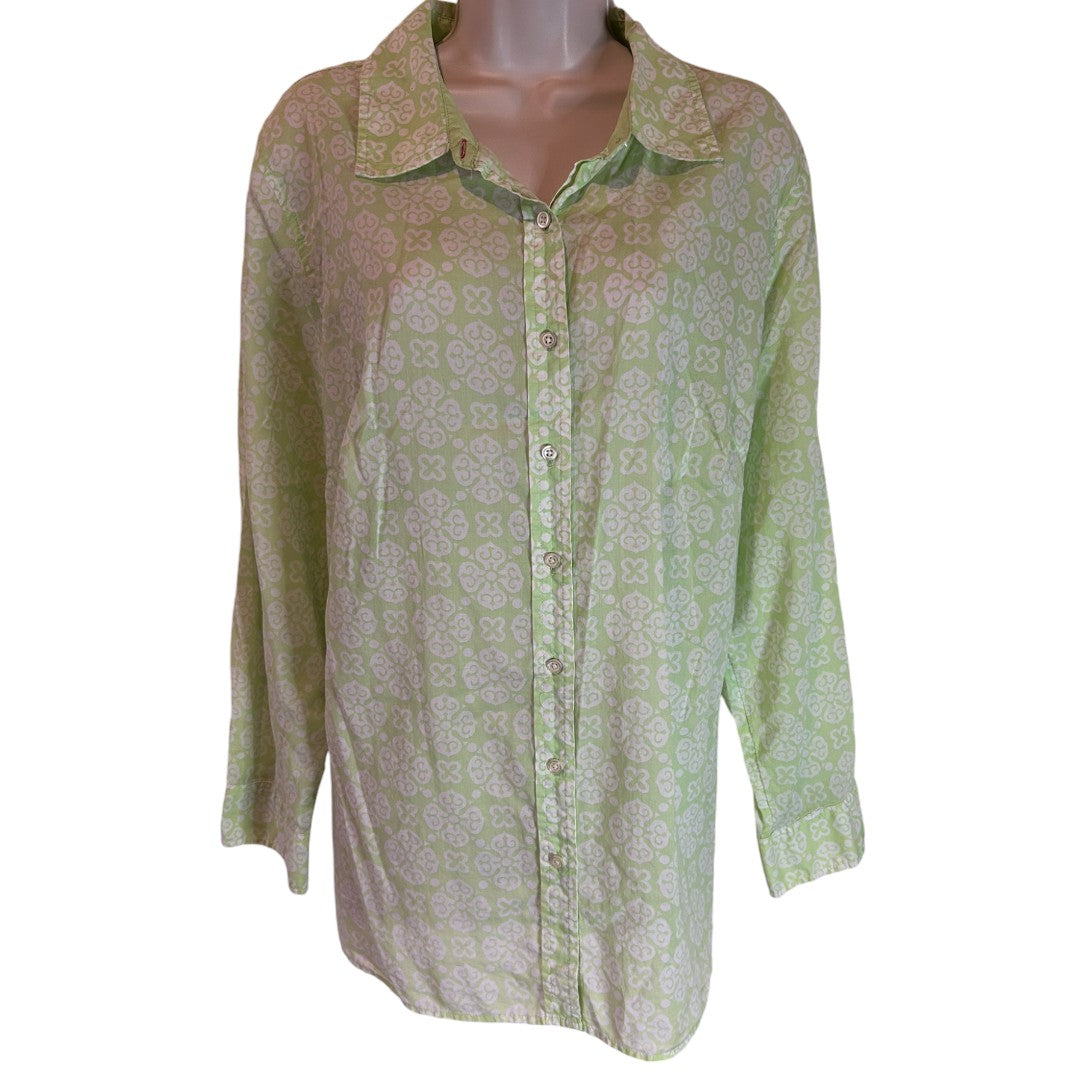 Talbots Green Floral Print Button Down Cotton Shirt Plus