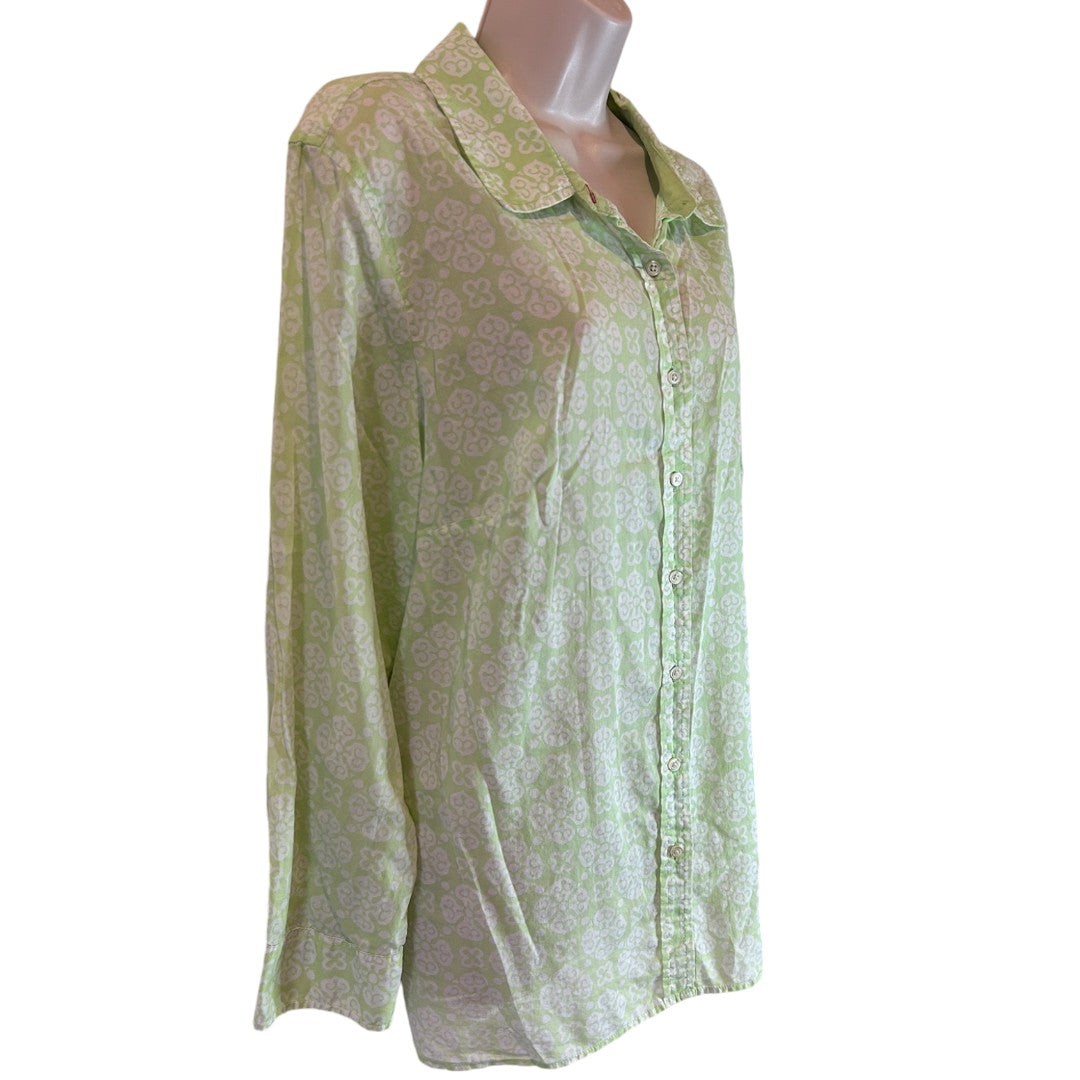 Talbots Green Floral Print Button Down Cotton Shirt Plus