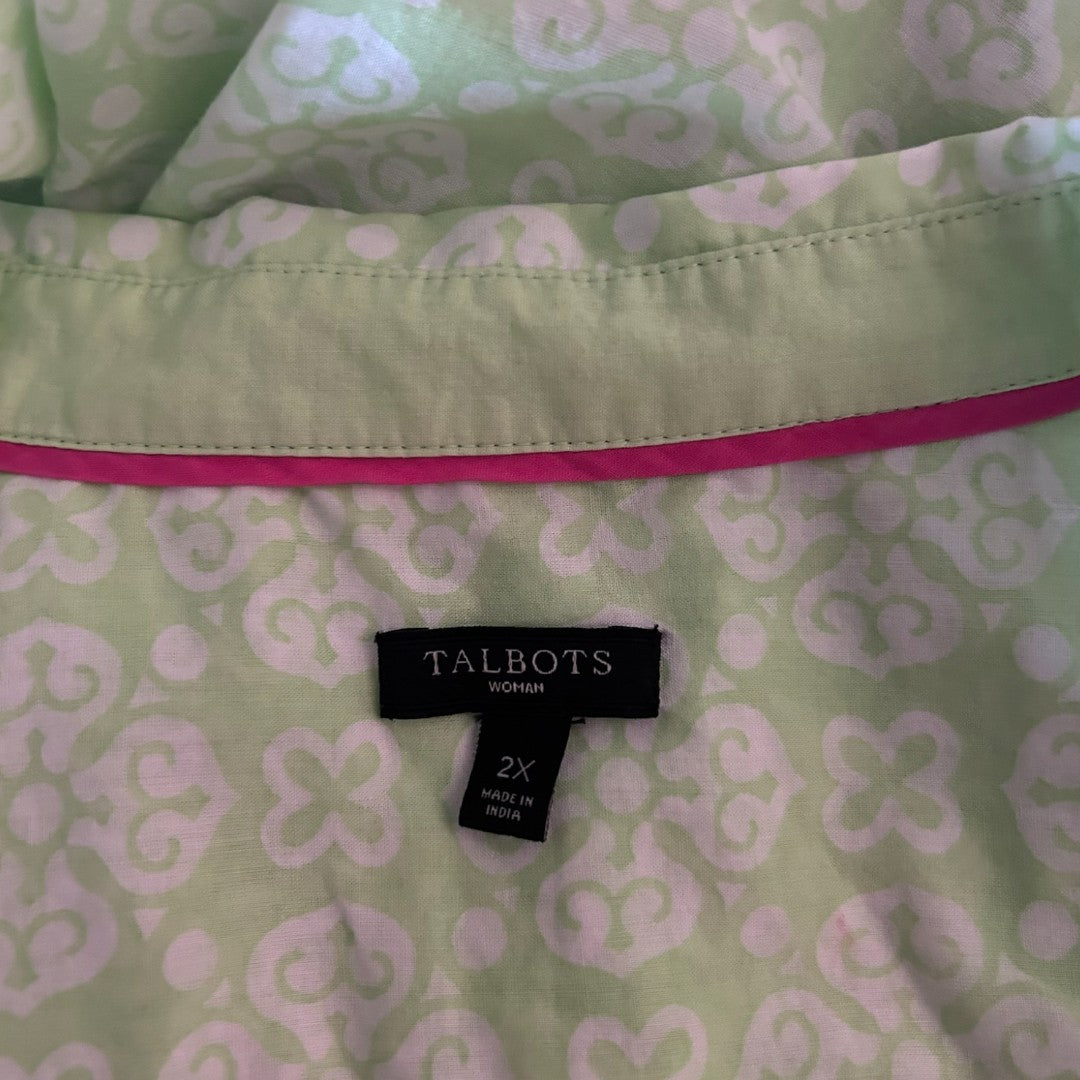 Talbots Green Floral Print Button Down Cotton Shirt Plus