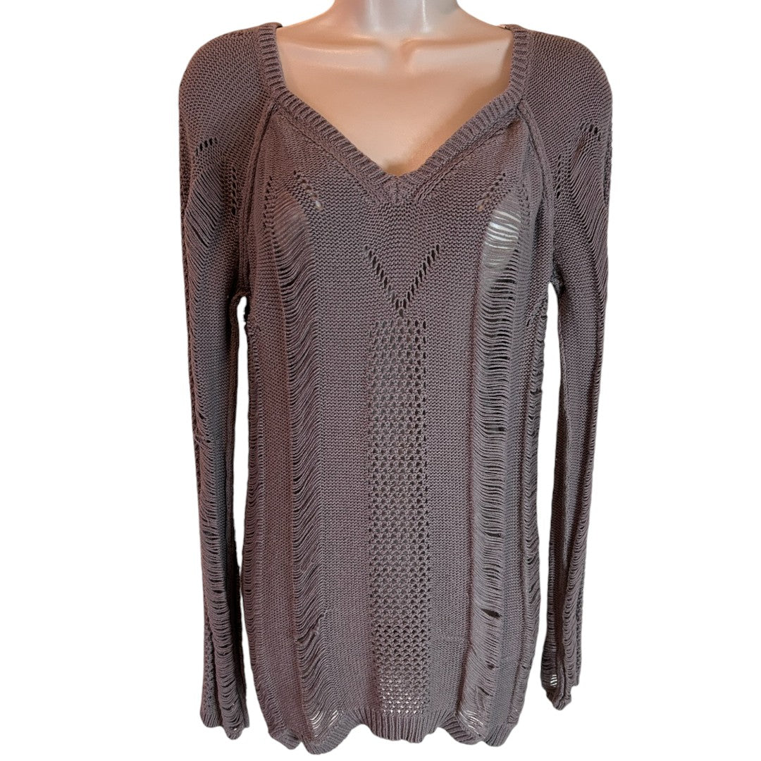 BCBGeneration Distressed Cotton V-Neck Sweater Light Shadow Gray