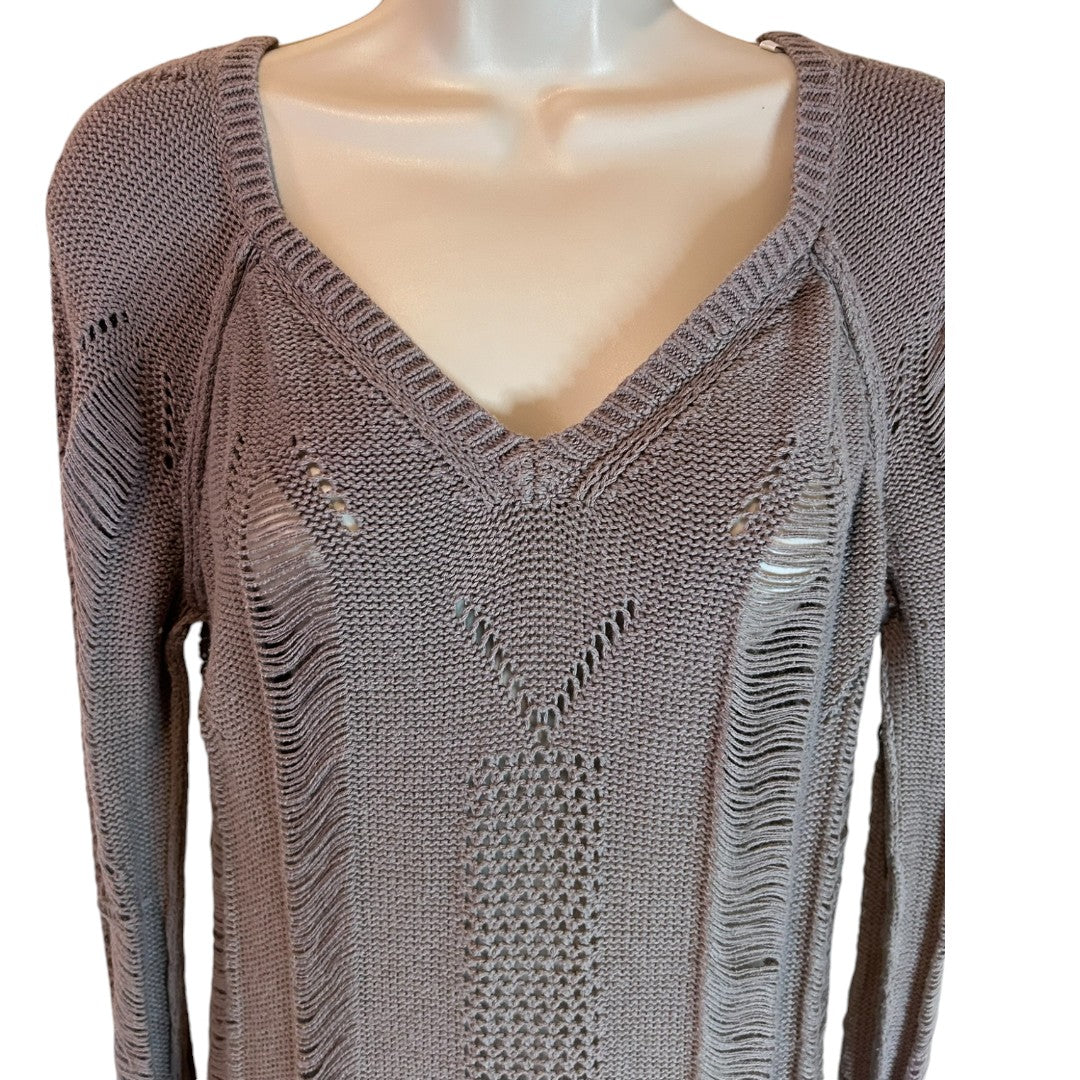 BCBGeneration Distressed Cotton V-Neck Sweater Light Shadow Gray