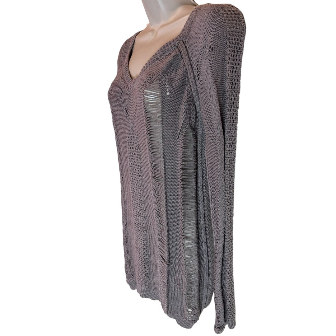 BCBGeneration Distressed Cotton V-Neck Sweater Light Shadow Gray