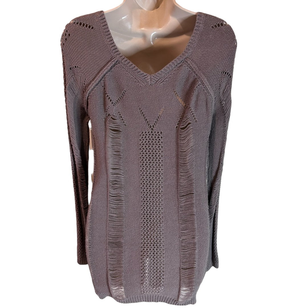 BCBGeneration Distressed Cotton V-Neck Sweater Light Shadow Gray