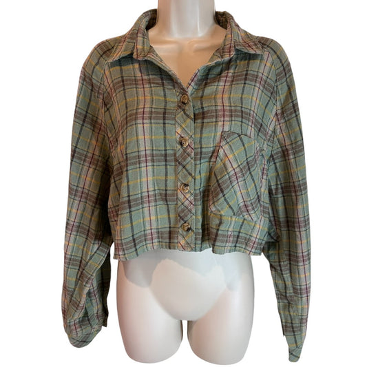 Mimosa Sage Green Plaid Cropped Button-Up Flannel Shirt Long Sleeve