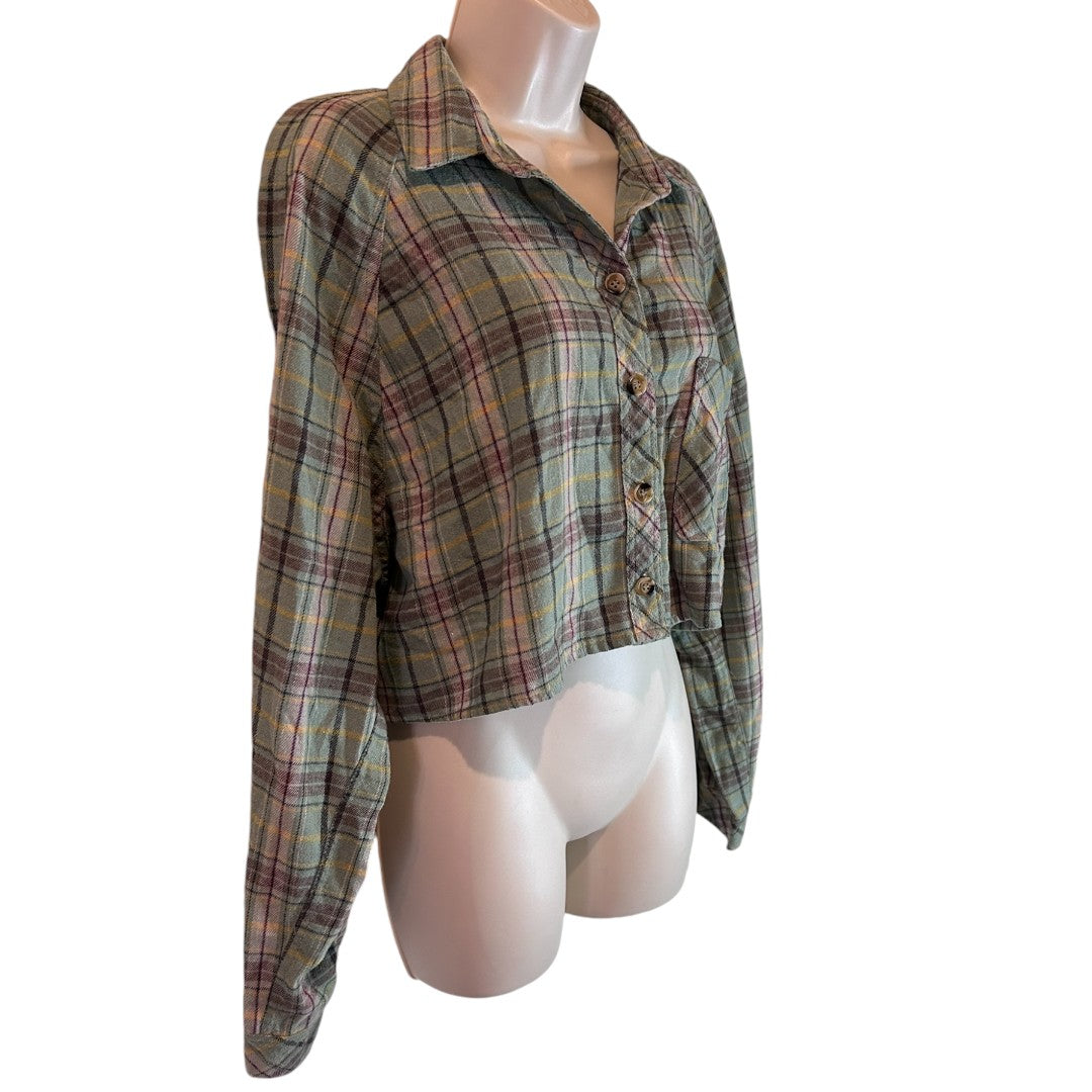 Mimosa Sage Green Plaid Cropped Button-Up Flannel Shirt Long Sleeve