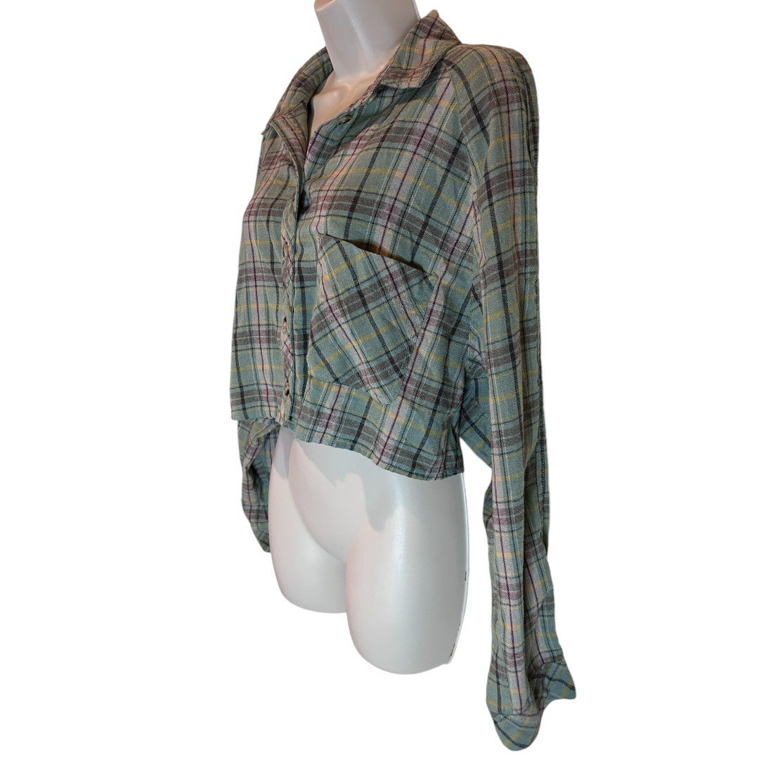 Mimosa Sage Green Plaid Cropped Button-Up Flannel Shirt Long Sleeve