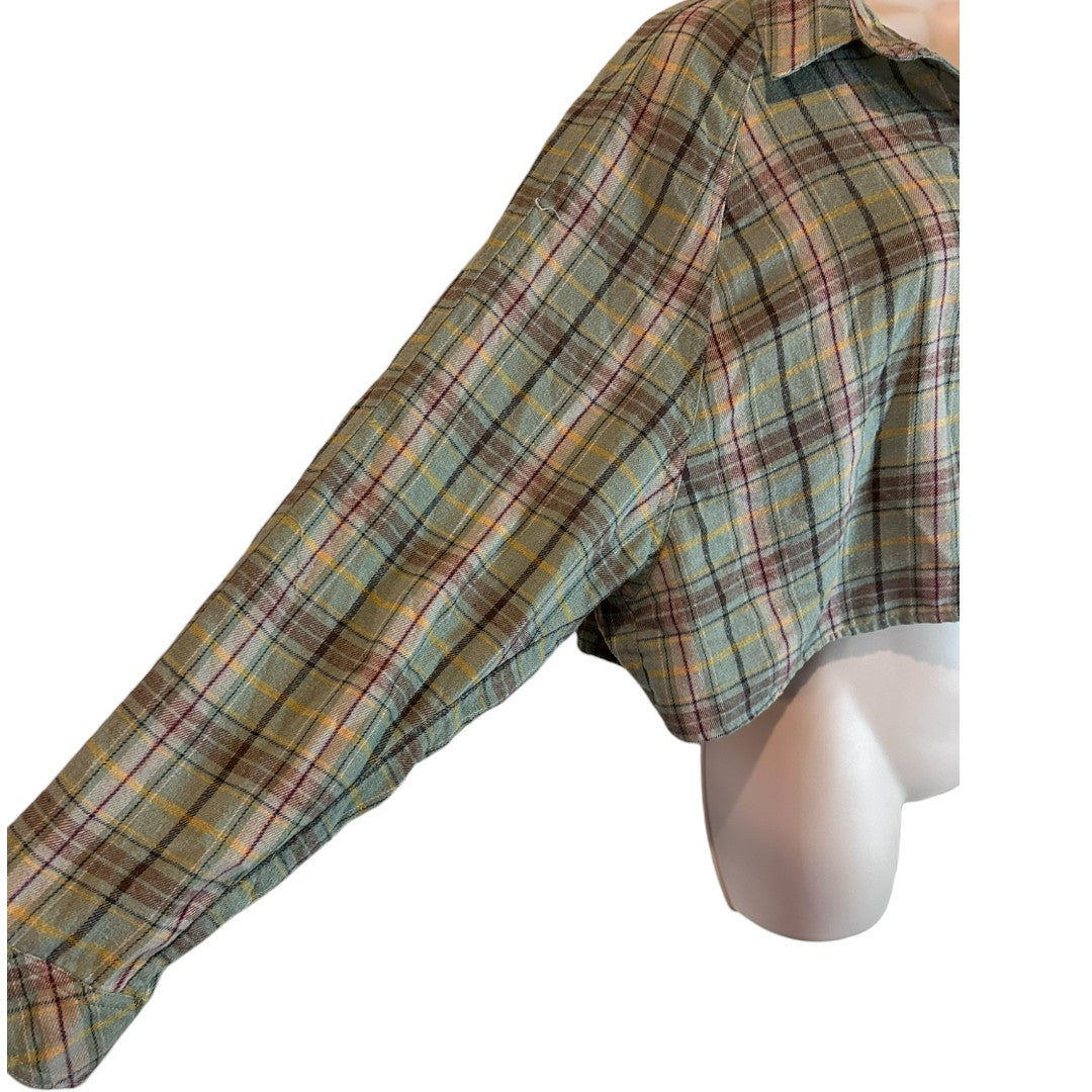 Mimosa Sage Green Plaid Cropped Button-Up Flannel Shirt Long Sleeve