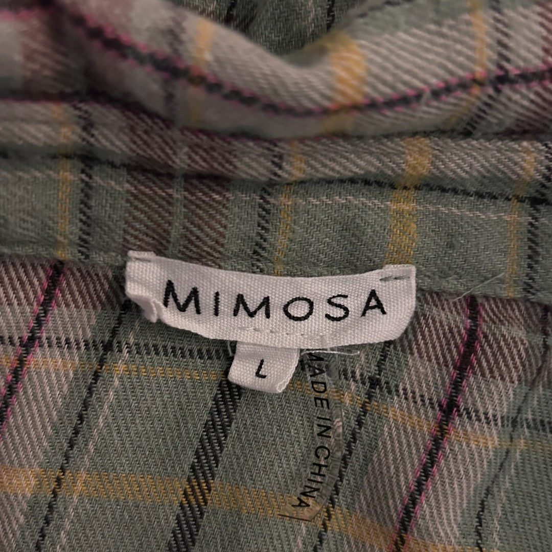 Mimosa Sage Green Plaid Cropped Button-Up Flannel Shirt Long Sleeve