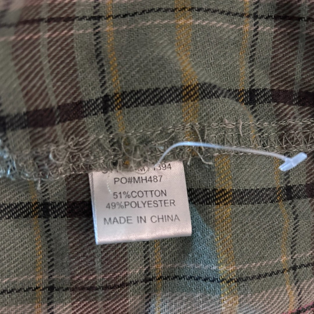 Mimosa Sage Green Plaid Cropped Button-Up Flannel Shirt Long Sleeve