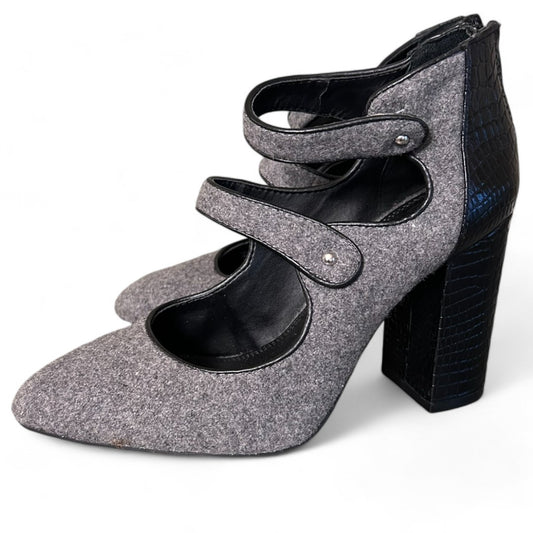 Gianni Bini Elegant Gray Felt Triple Strap Block Croc Heel