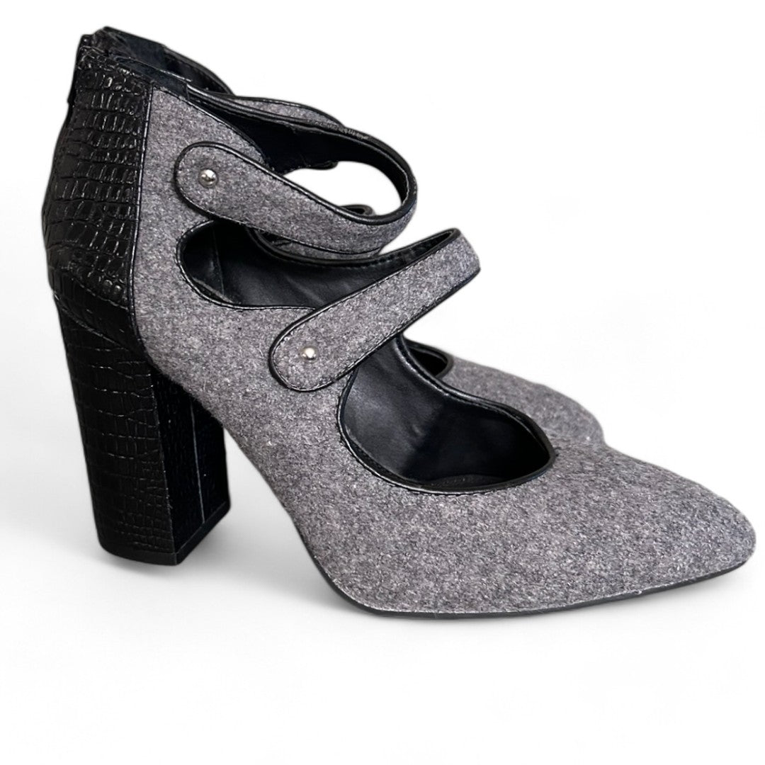 Gianni Bini Elegant Gray Felt Triple Strap Block Croc Heel