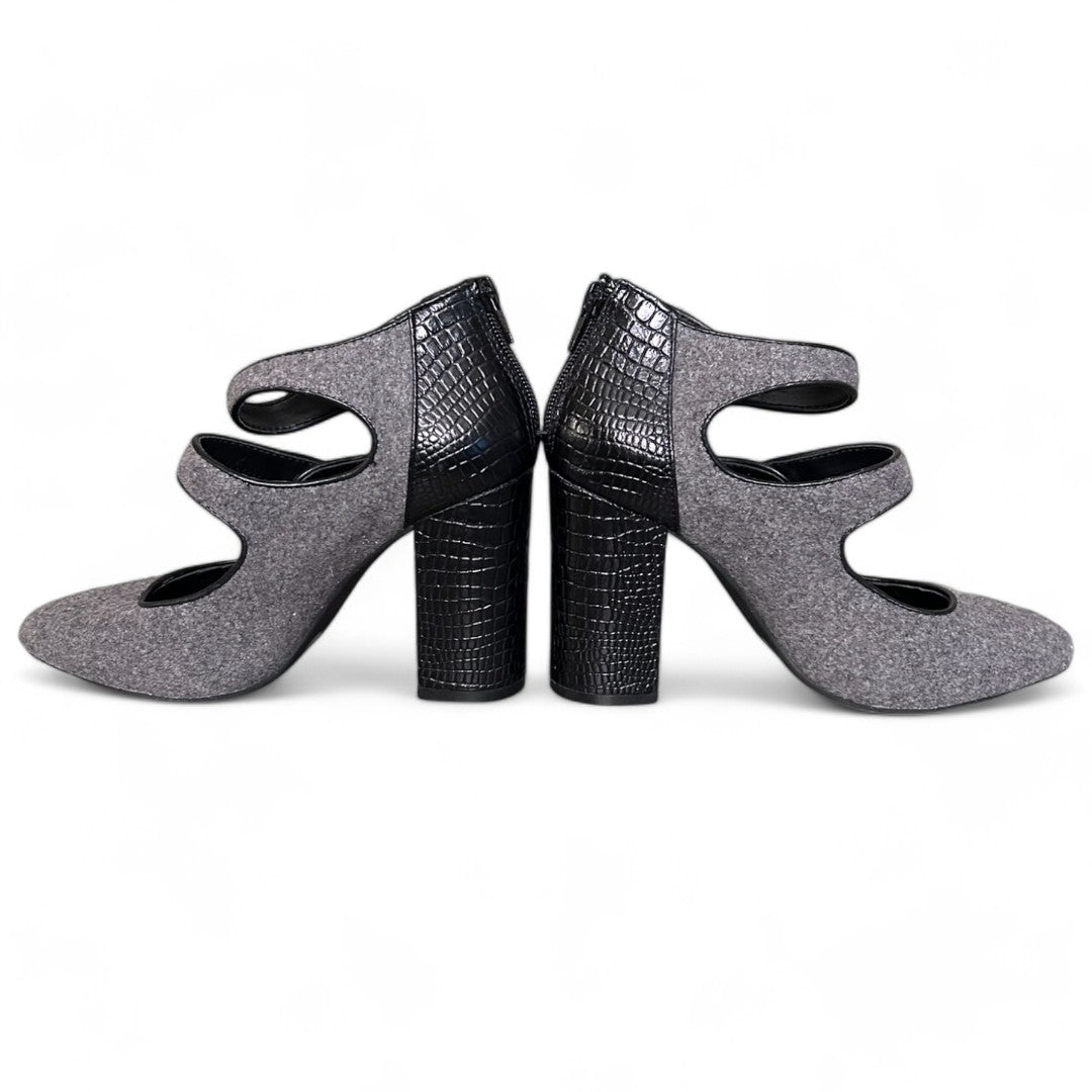 Gianni Bini Elegant Gray Felt Triple Strap Block Croc Heel