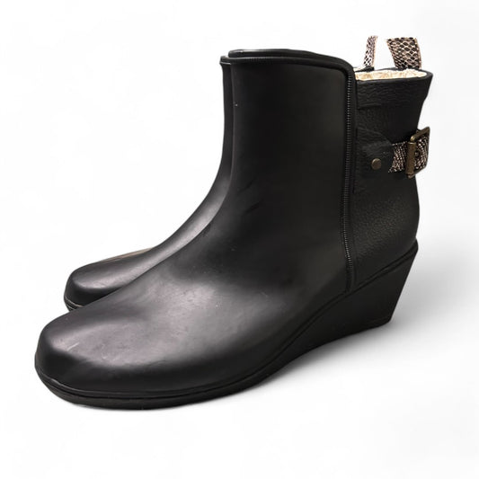 Chooka Black Wedge Rain Boots with Snake Print Strap Waterproof Ankle Booties