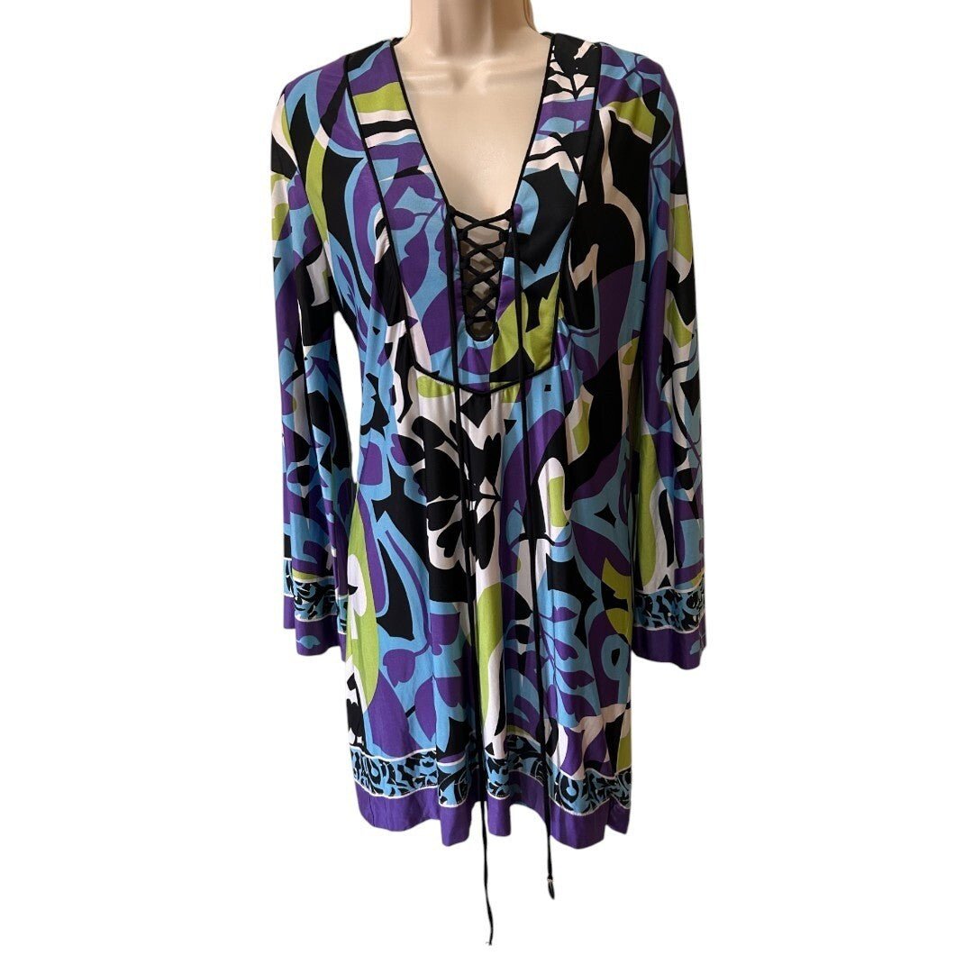 Analili Print Dress Lace Up V Neck Long Sleeve Multicolor Dress - Haute Poppy