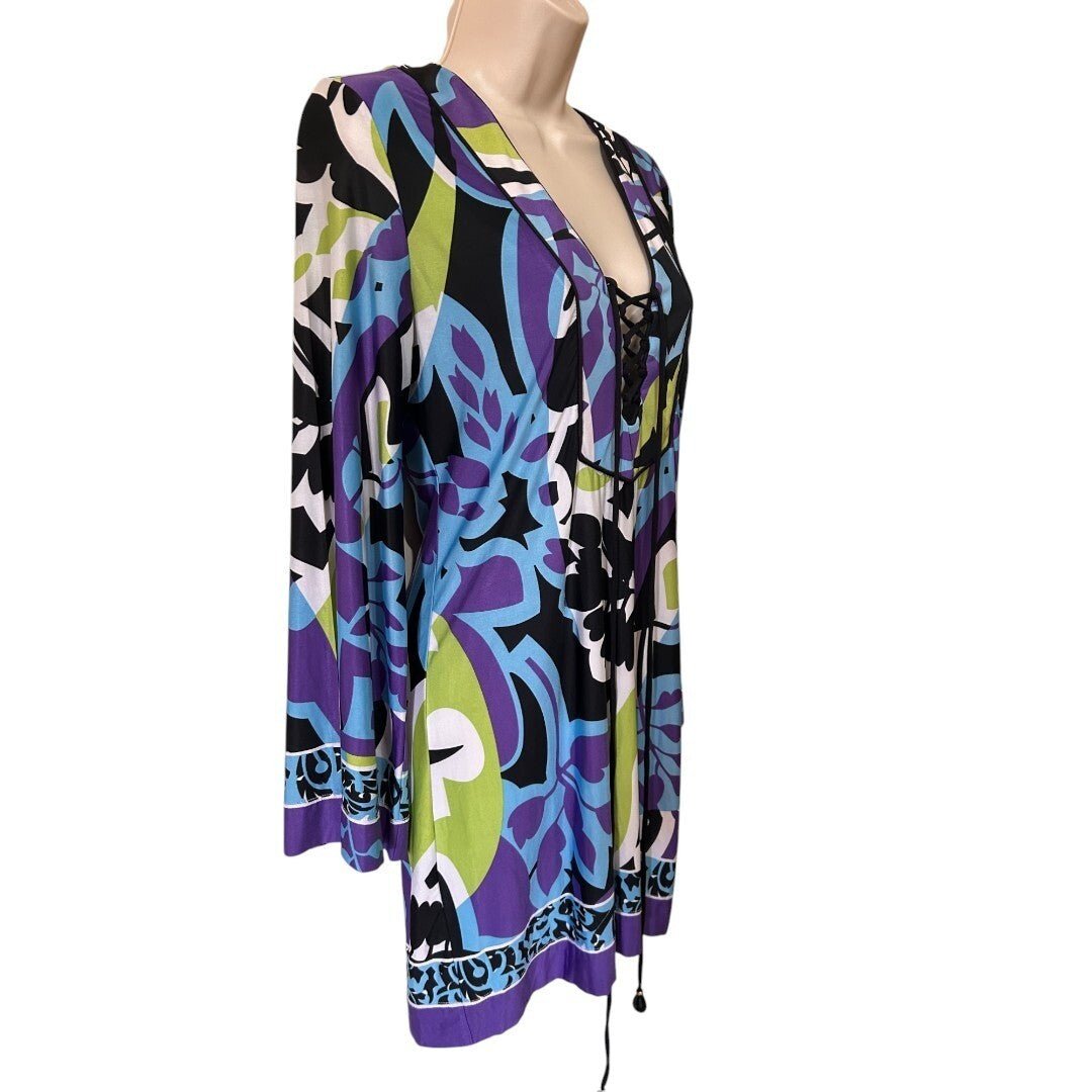 Analili Print Dress Lace Up V Neck Long Sleeve Multicolor Dress - Haute Poppy