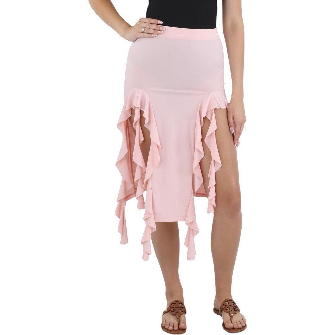 Aqua Lettuce Front Slits Midi Skirt Rose - Haute Poppy