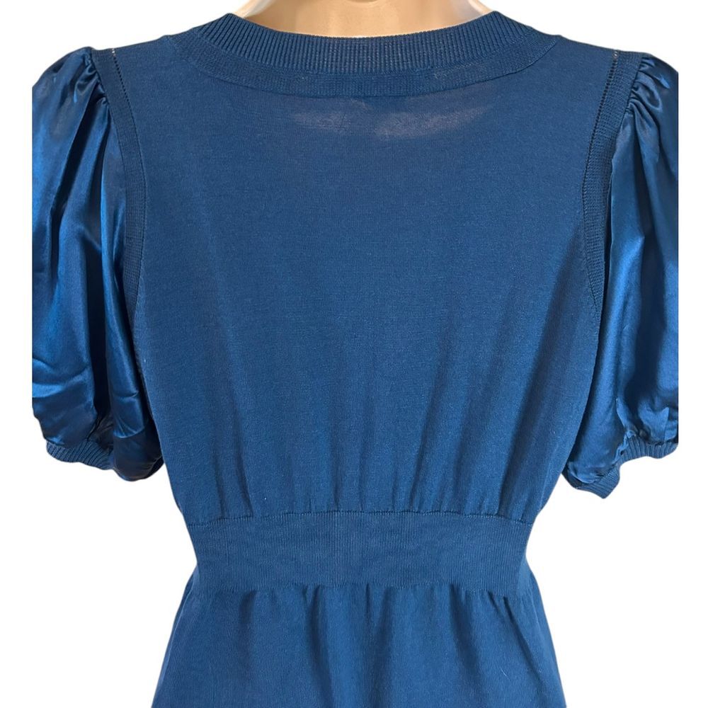 BCBGMAXAZRIA Elegant Blue Puff Sleeve V - Neck Silk Blend Top - Haute Poppy