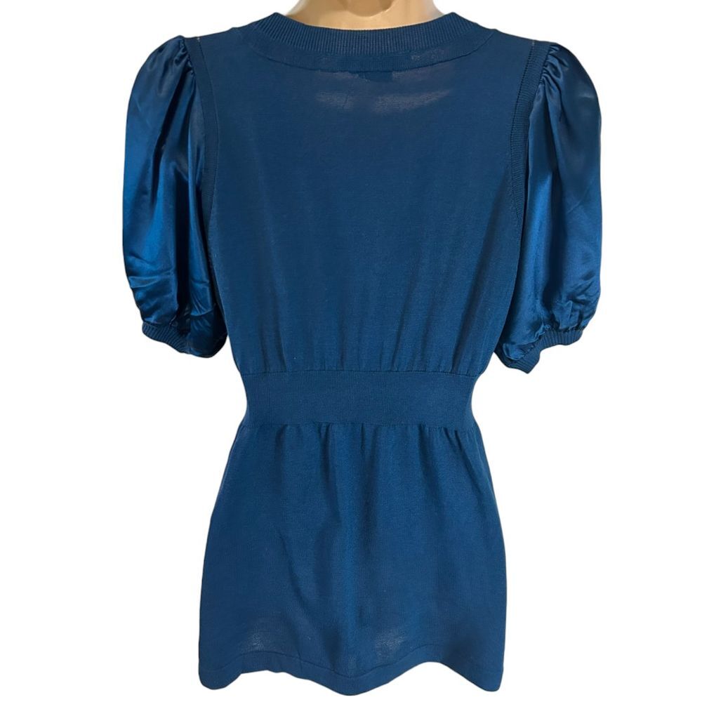 BCBGMAXAZRIA Elegant Blue Puff Sleeve V - Neck Silk Blend Top - Haute Poppy
