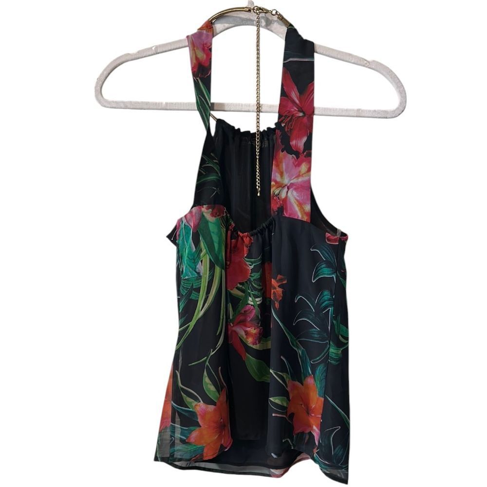 Bisou Bisou Tropical Floral Halter Top Gold Chain - Haute Poppy