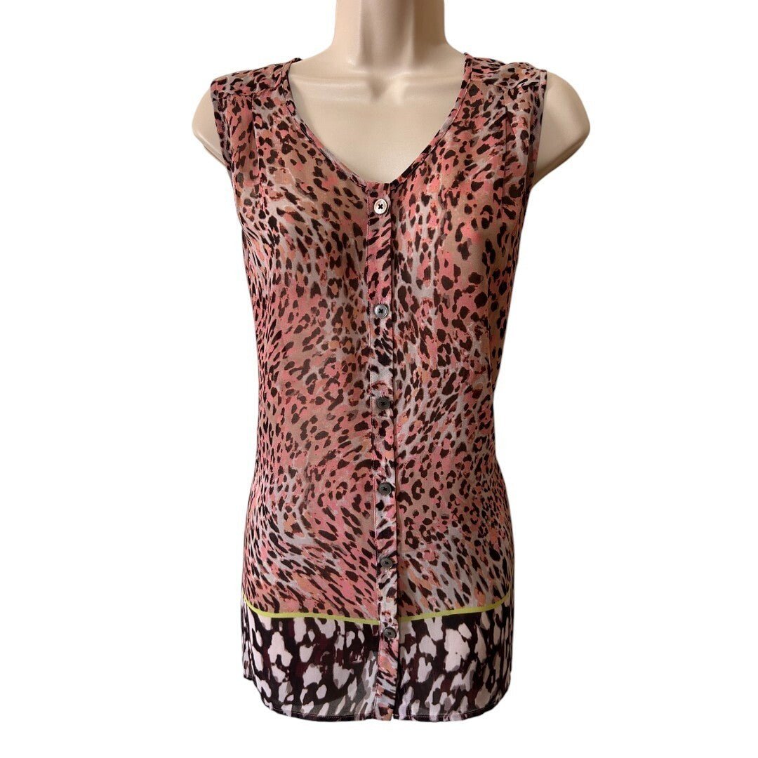 Cabi Animal Print Button Down Sleeveless Top Blouse Sheer - Haute Poppy