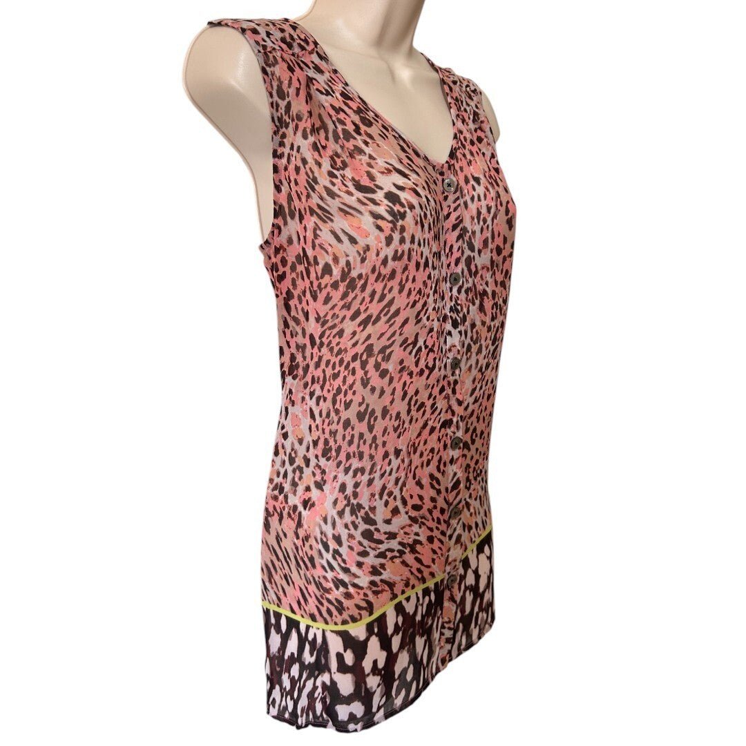 Cabi Animal Print Button Down Sleeveless Top Blouse Sheer - Haute Poppy