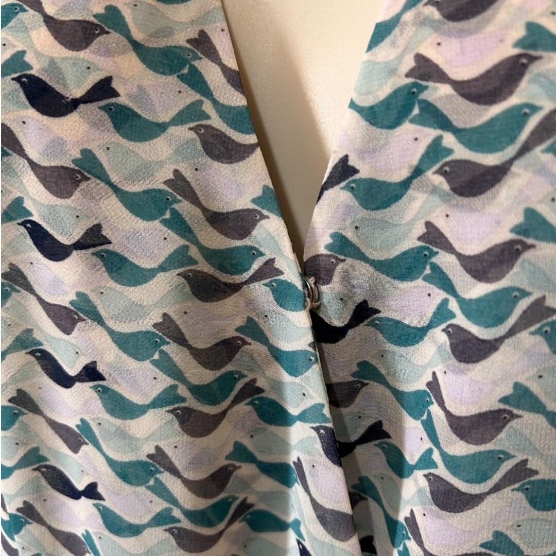 Cabi Sleeveless Blouse Bird Print Teal Blue V - Neck Top - Haute Poppy