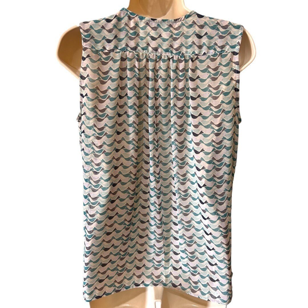 Cabi Sleeveless Blouse Bird Print Teal Blue V - Neck Top - Haute Poppy