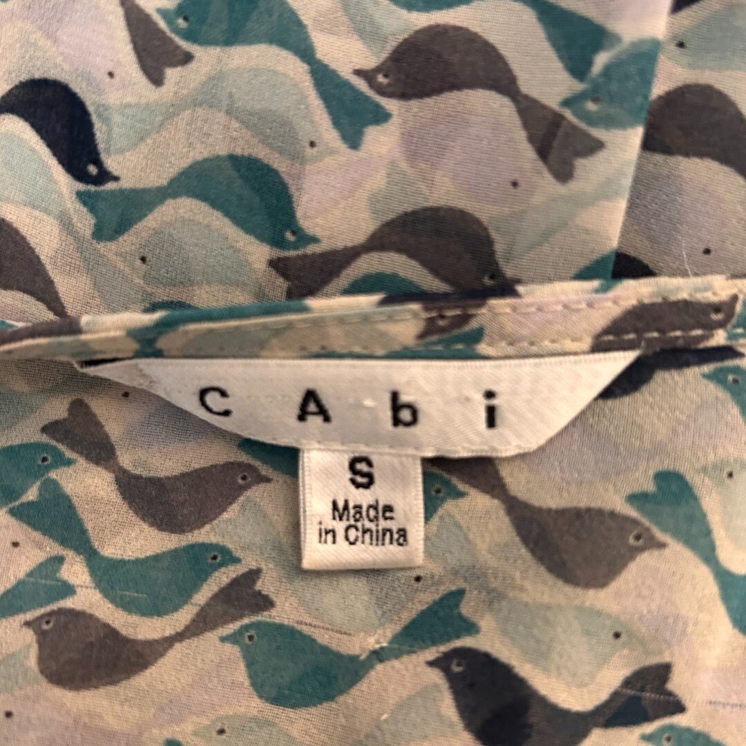 Cabi Sleeveless Blouse Bird Print Teal Blue V - Neck Top - Haute Poppy