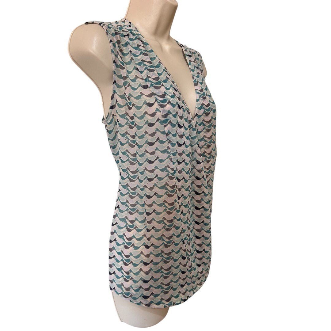 Cabi Sleeveless Blouse Bird Print Teal Blue V - Neck Top - Haute Poppy