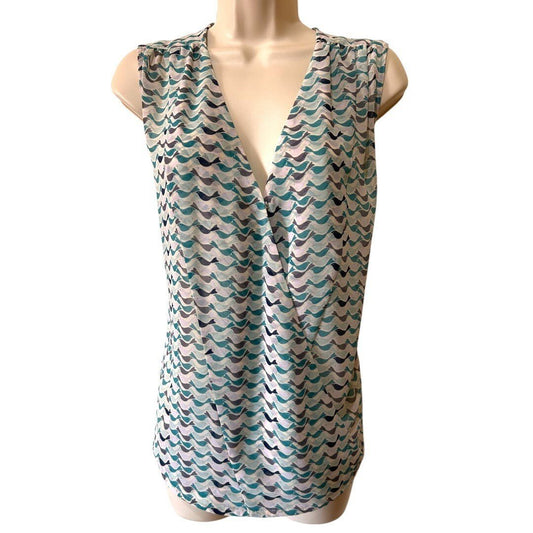 Cabi Sleeveless Blouse Bird Print Teal Blue V - Neck Top - Haute Poppy