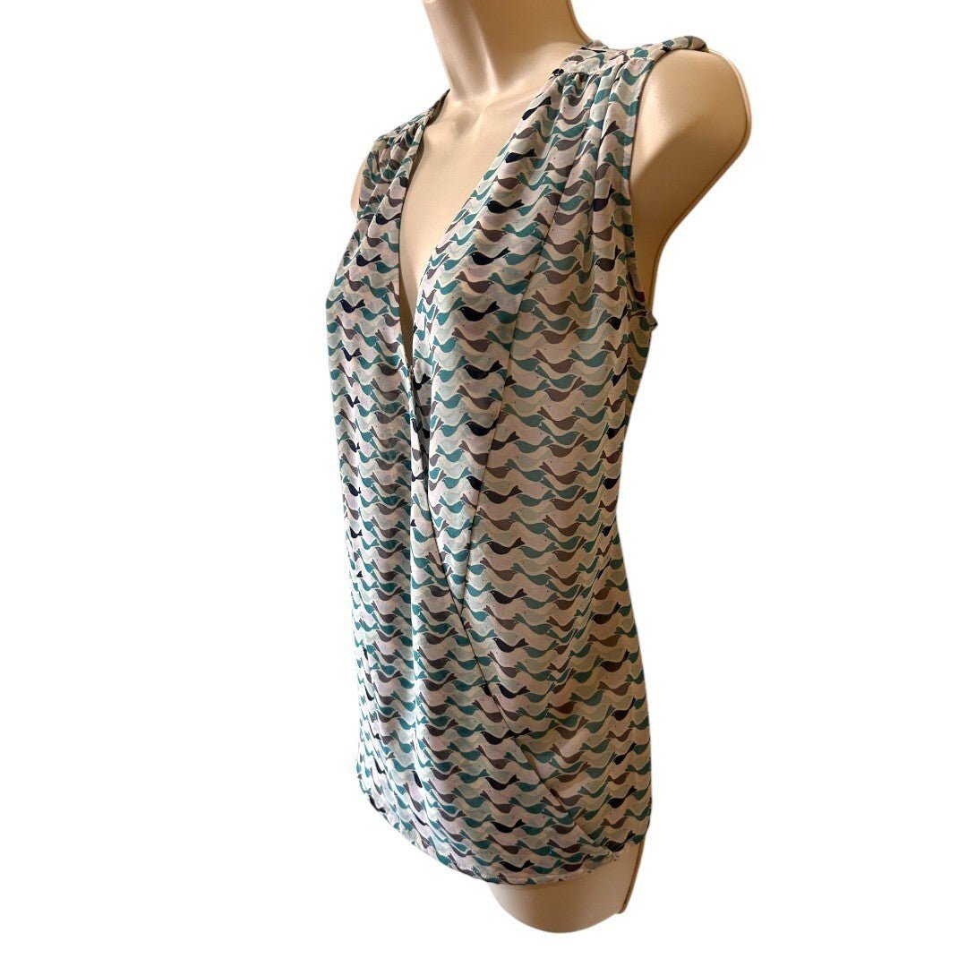 Cabi Sleeveless Blouse Bird Print Teal Blue V - Neck Top - Haute Poppy