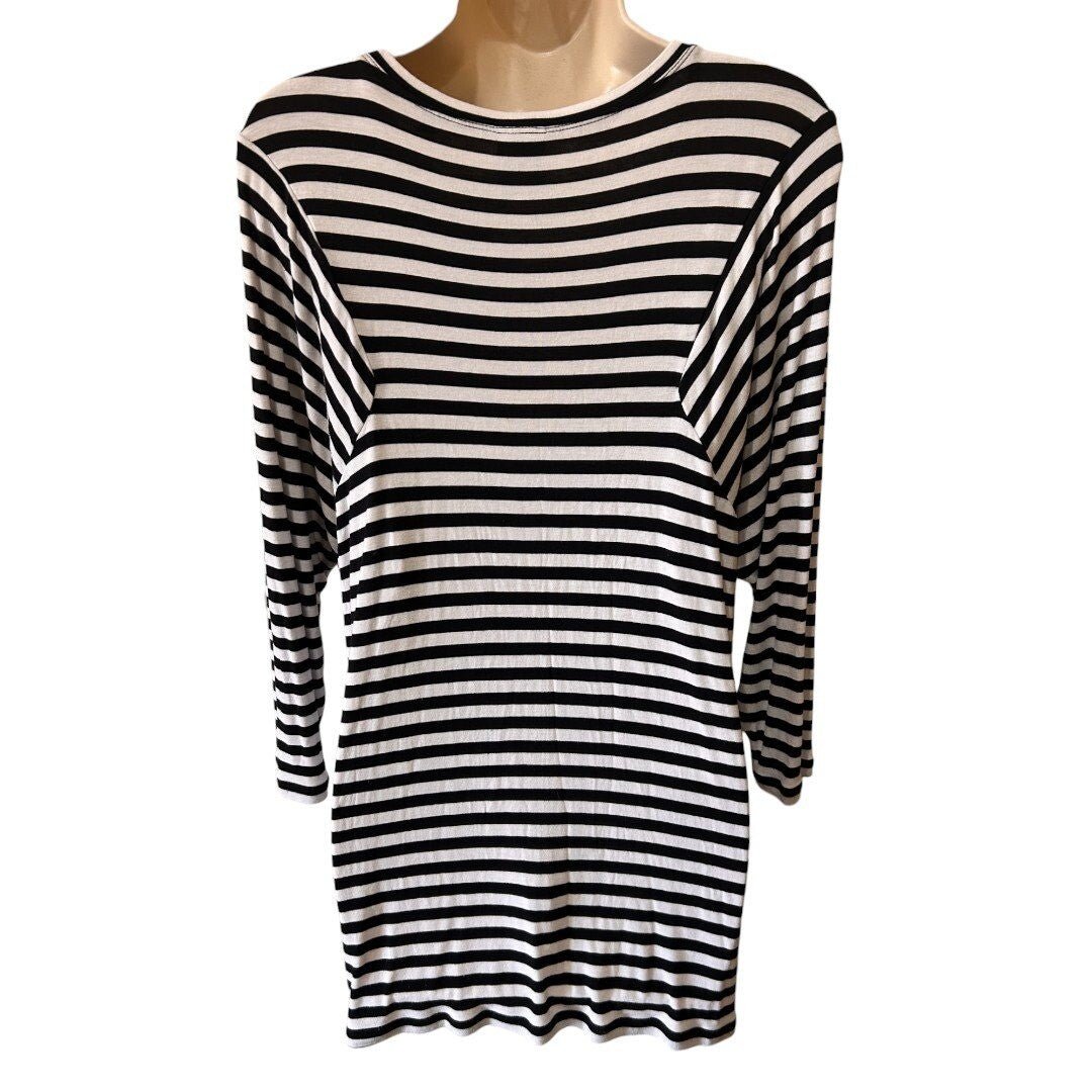 Cabi Striped Long Sleeve Tunic Top Casual Everyday Black White - Haute Poppy