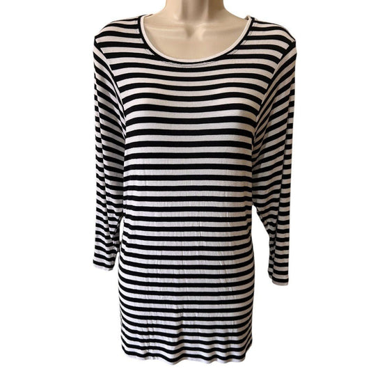 Cabi Striped Long Sleeve Tunic Top Casual Everyday Black White - Haute Poppy