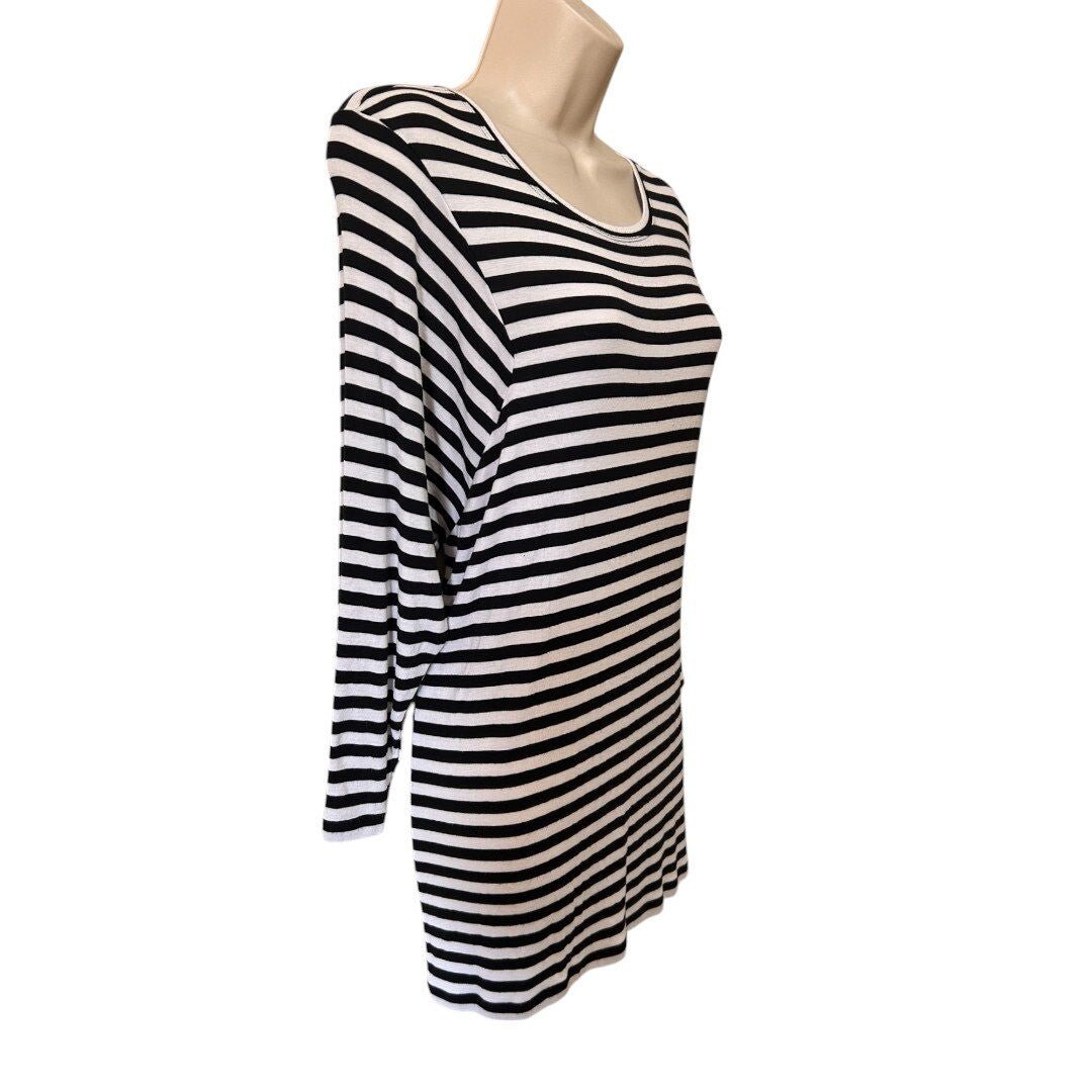 Cabi Striped Long Sleeve Tunic Top Casual Everyday Black White - Haute Poppy