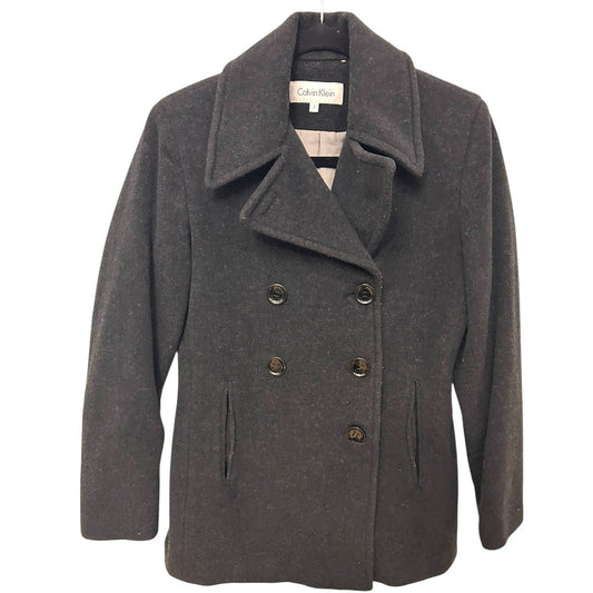 Calvin Klein Double Breasted Wool Blend Peacoat Jacket Charcoal Gray - Haute Poppy