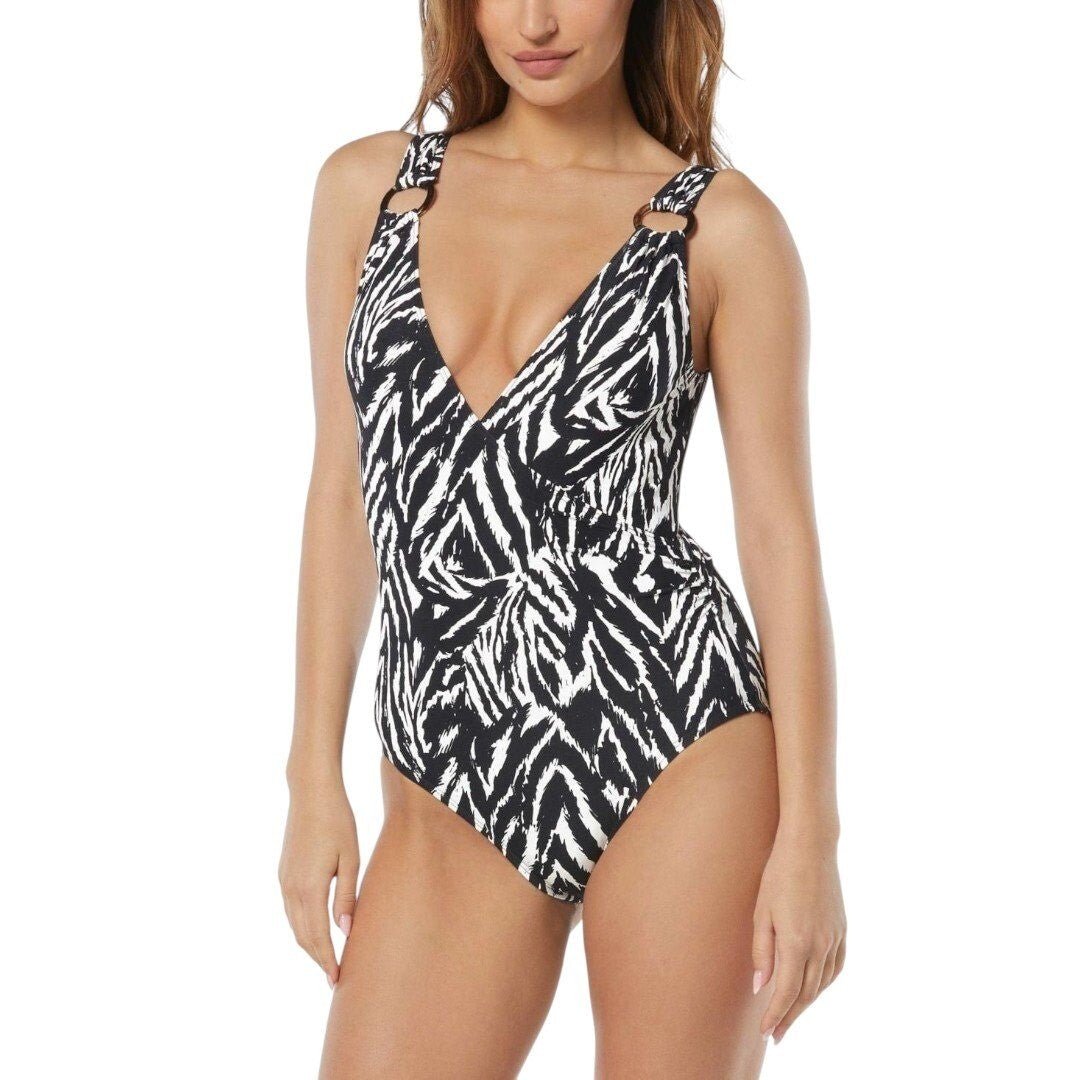 Carmen Marc Valvo Printed O - Ring One - Piece Swimsuit Black - Haute Poppy