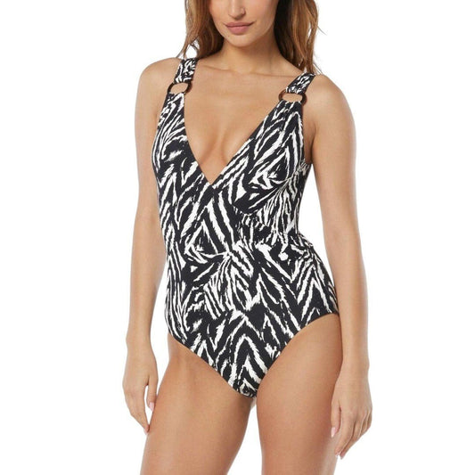 Carmen Marc Valvo Printed O - Ring One - Piece Swimsuit Black - Haute Poppy