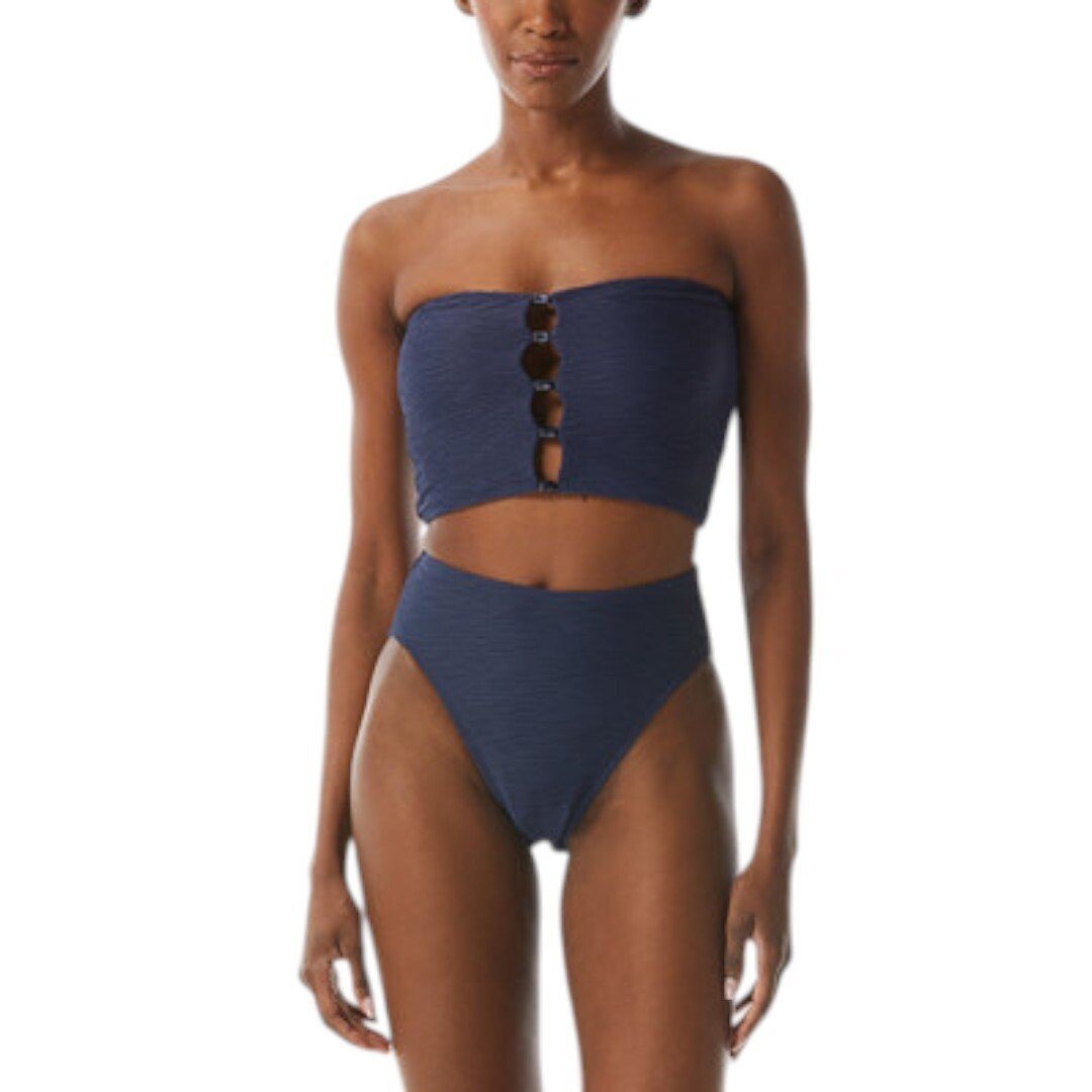 Carmen Marc Valvo Textured Bandeau Crop Top High - Waisted Bikini Bottoms Navy - Haute Poppy