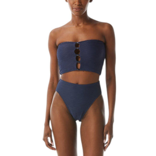 Carmen Marc Valvo Textured Bandeau Crop Top High - Waisted Bikini Bottoms Navy - Haute Poppy