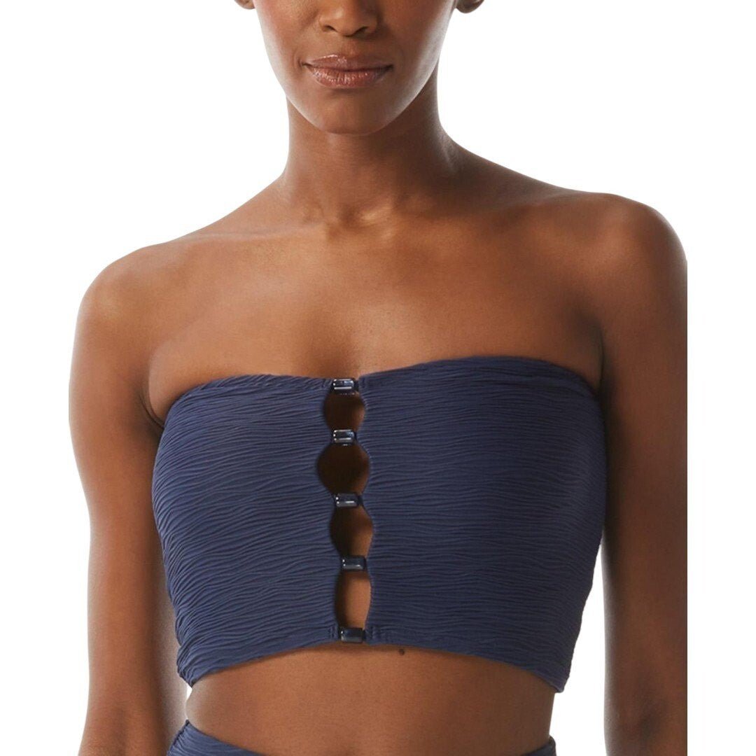 Carmen Marc Valvo Textured Bandeau Crop Top High - Waisted Bikini Bottoms Navy - Haute Poppy