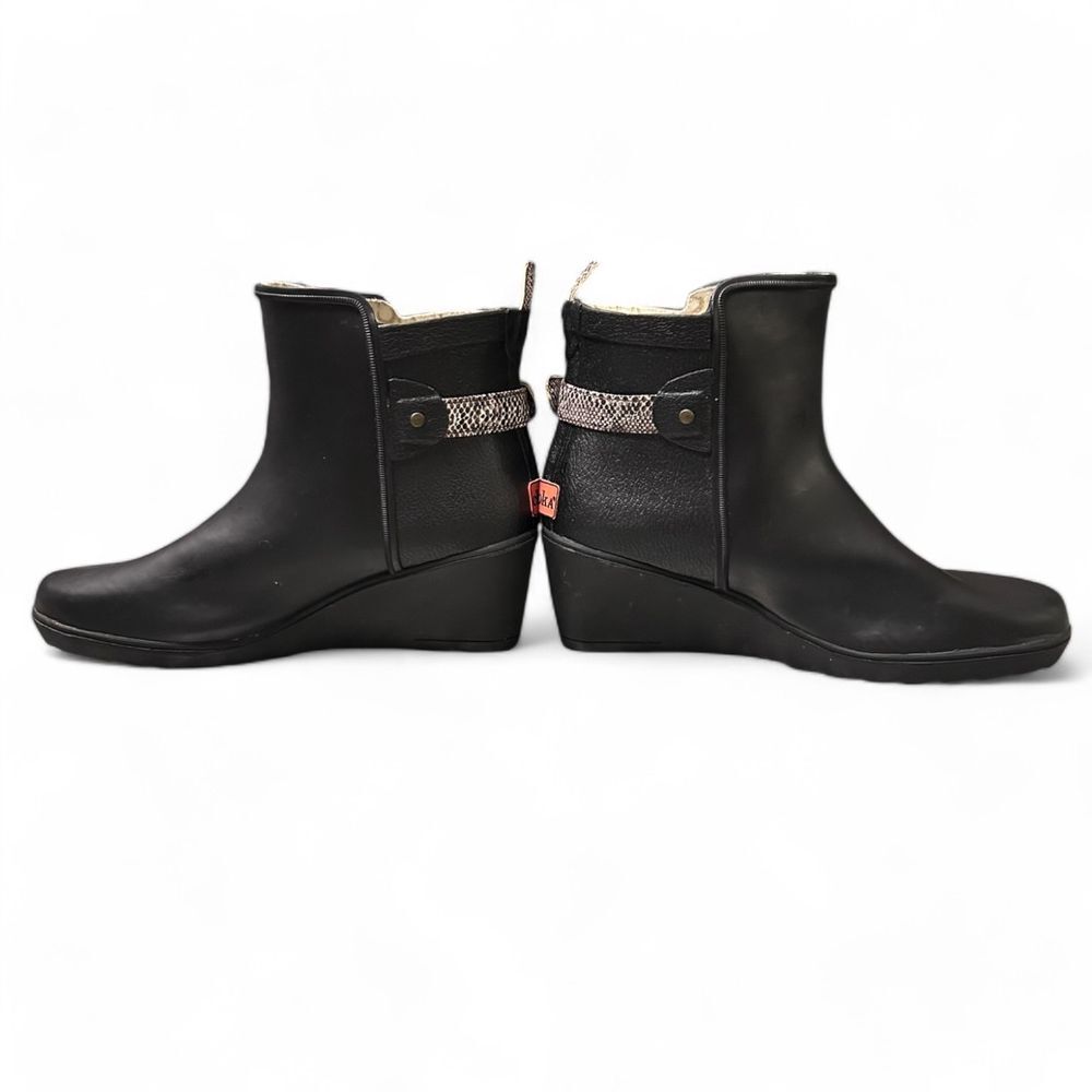 Chooka Black Wedge Rain Boots with Snake Print Strap Waterproof Ankle Booties - Haute Poppy
